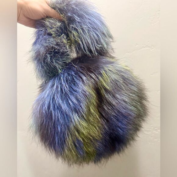 Colorful Real Fox Fur Handmade Round Bag, Includes 2 Strap and Fur Ball Chains - Picture 4 of 17